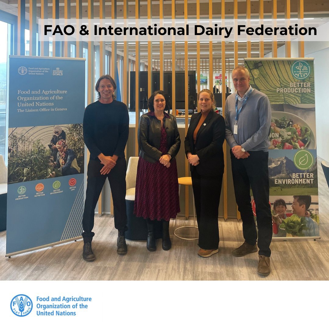 Today, <a href="/FAOGeneva/">FAOGeneva</a> met with <a href="/FIL_IDF/">International Dairy Federation</a>, to discuss 

➡️Opportunities for collaborative initiatives in strengthening💪food security🍎
➡️<a href="/FAO/">Food and Agriculture Organization</a> One Health works &amp; efforts⚕️
➡️Innovative ways to improve nutrition &amp; accessibility for healthy diets🥦