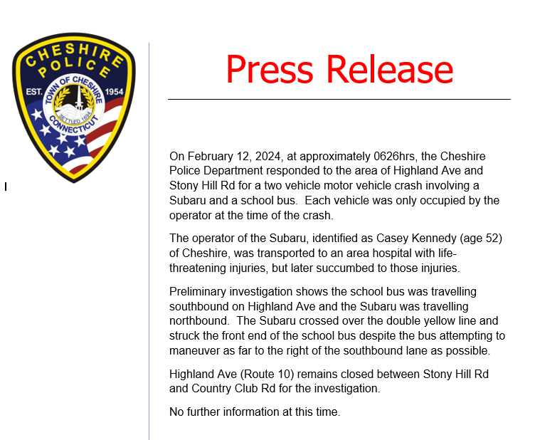 JUST IN: Cheshire PD identified victim of this morning's fatal vehicle v school bus crash on Highland Ave (Rt 10) as 52 year old Casey Kennedy of Cheshire. .<a href="/FOX61News/">FOX61</a>' <a href="/lindseykanetv/">Lindsey Kane</a> is on the story, latest online and tonight at 5/6p: fox61.com/article/news/l…