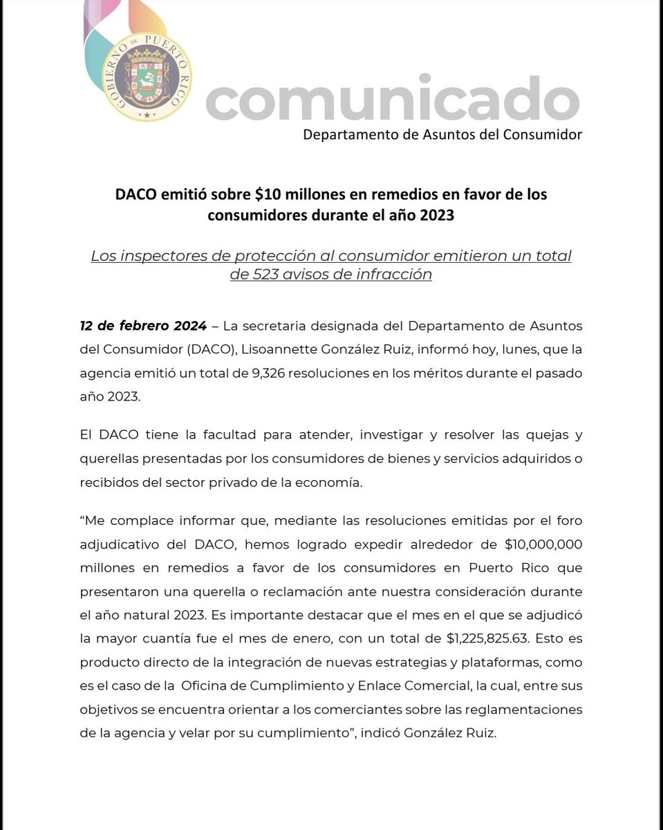 dacoatufavor's tweet image. [Comunicado] @dacoatufavor emite sobre $10 millones en remedios a favor de los consumidores. #DacoTeProtege