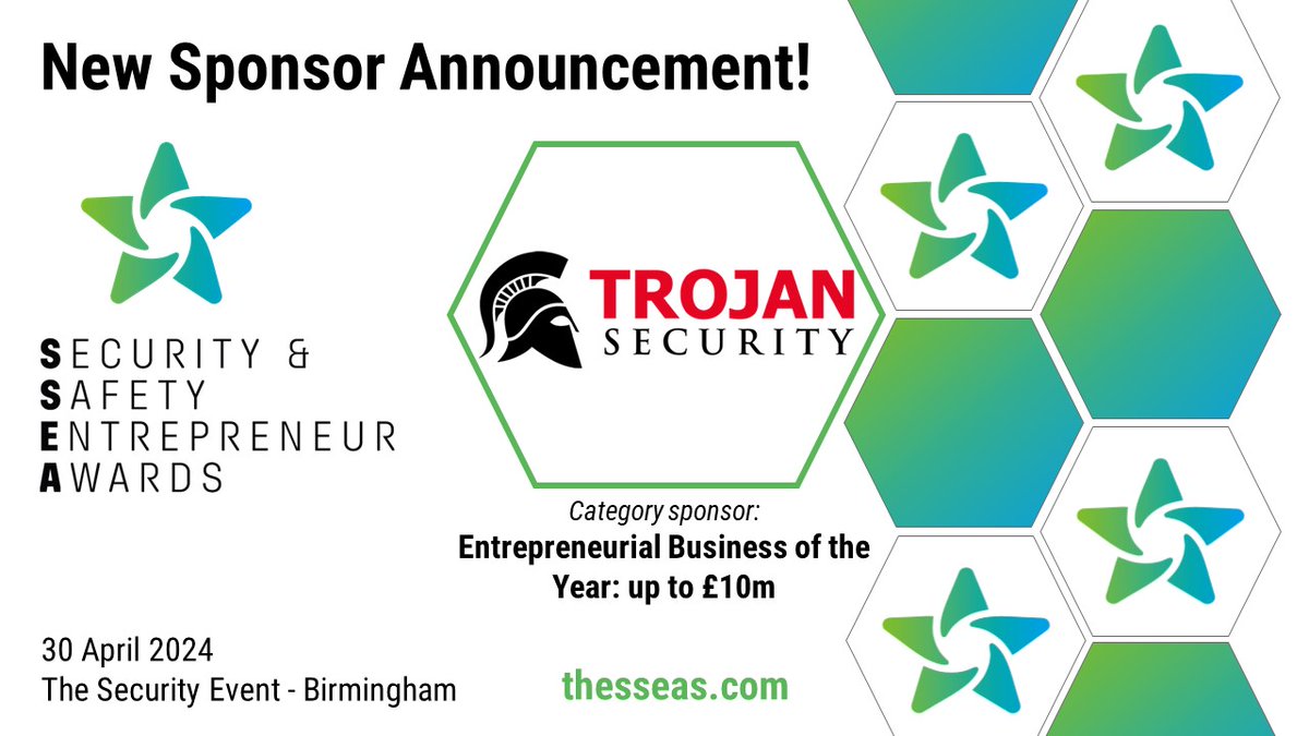📢 Announcing our newest sponsor of the SSEAs,<a href="/TrojanLondon/">Trojan Security</a> 

Trojan Security are kindly sponsoring the Entrepreneurial Business of the Year: up to £10m award for the SSEAs taking place on 30 April at
<a href="/SecurityEventUK/">The Security Event</a> 

Read more here &gt; &gt; thesseas.com