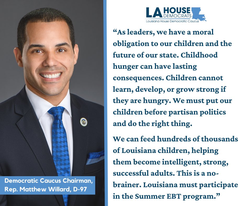 House Democrats strongly oppose Governor Jeff Landry's decision not to participate in the federal Summer EBT program and urge him to reverse course. The Summer EBT program helps feed nearly 600,000 Louisiana children with food insecurity. #LaGov #LaLege