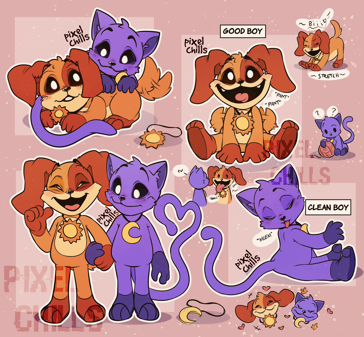 pixel_chills's tweet photo. Some cartoon  ☀️🐶 x 🌙😺 doodles 💕
//Close-ups in the comments!//
#dogday #catnap #SmilingCritters https://t.co/mwRRr94zdO