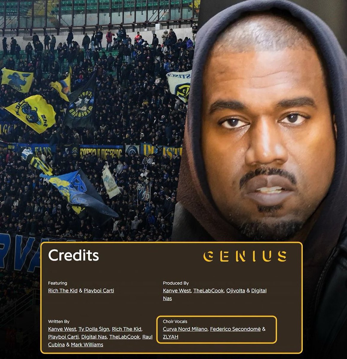 Inter_Xtra's tweet photo. Ready for a crazy crossover? 🤯

#Inter’s Curva Nord has been credited on the songs “Carnival” and “Stars” off of Kanye West and Ty Dolla Sign’s latest album. ⚫️🔵

The Curva will also be featured in music videos. https://t.co/DS6lPbqqzF