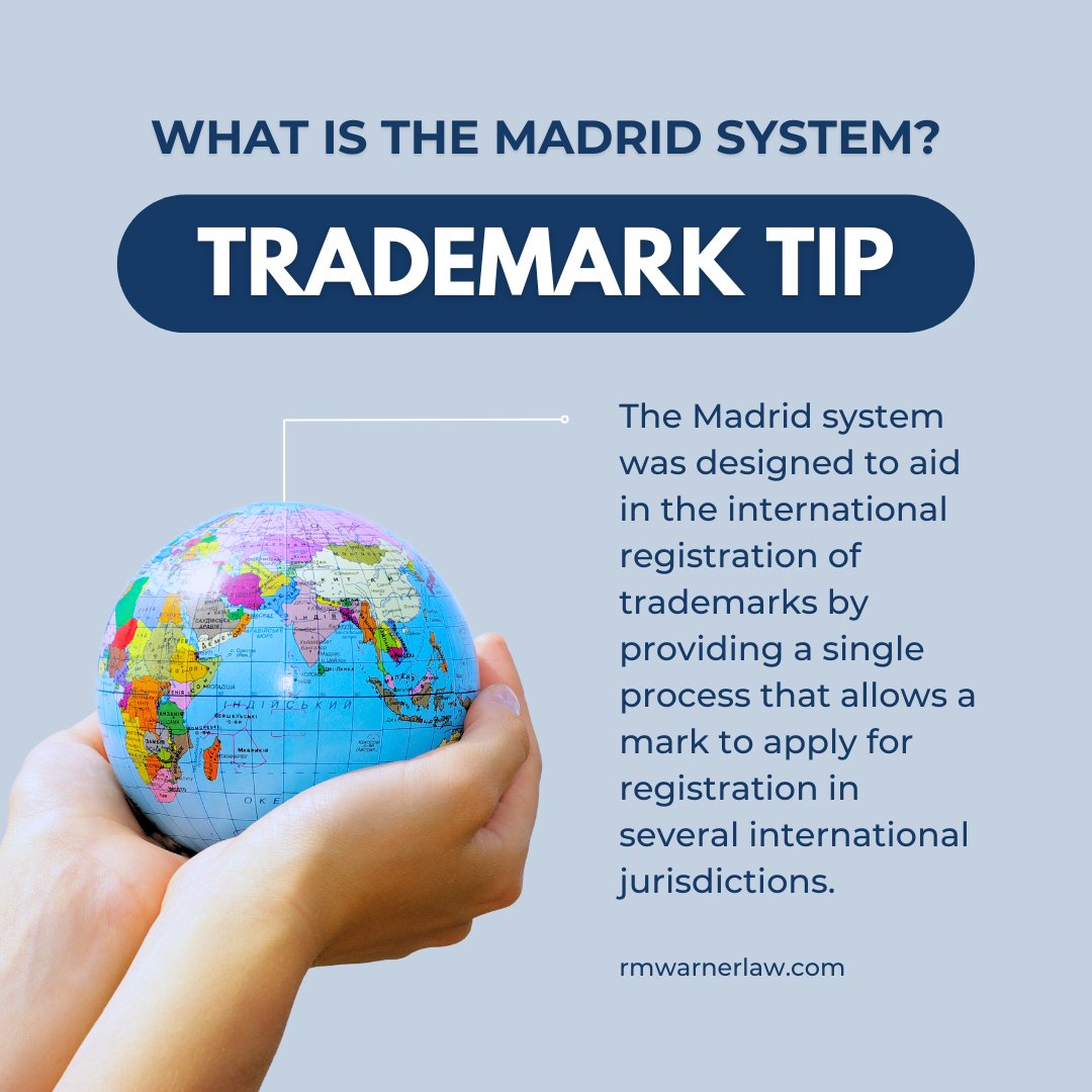 RMWarnerLaw1's tweet image. #Businessowners, were you aware the #WorldIntellectualPropertyOrganization (#WIPO) has an #internationaltrademark system? The #MadridSystem (or #eMadrid) is an easy, cost-effective way to register &amp;amp; manage #trademarks worldwide. Click the link in our bio for more #trademark help!