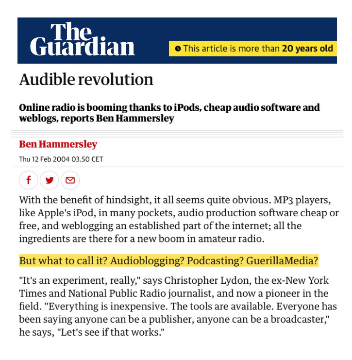 LuismiPedrero's tweet photo. 🎙️🎧 Tal día como hoy hace 20 años, el periodista @benhammersley acuñó en @guardian por primera vez el término #podcasting para referirse al auge de la “radio de aficionados” apoyada en los #blogs, el #iPod y el software gratuito para producir #audio 

🔗 https://t.co/2HEkVusVV7 https://t.co/Gy7xaXH163