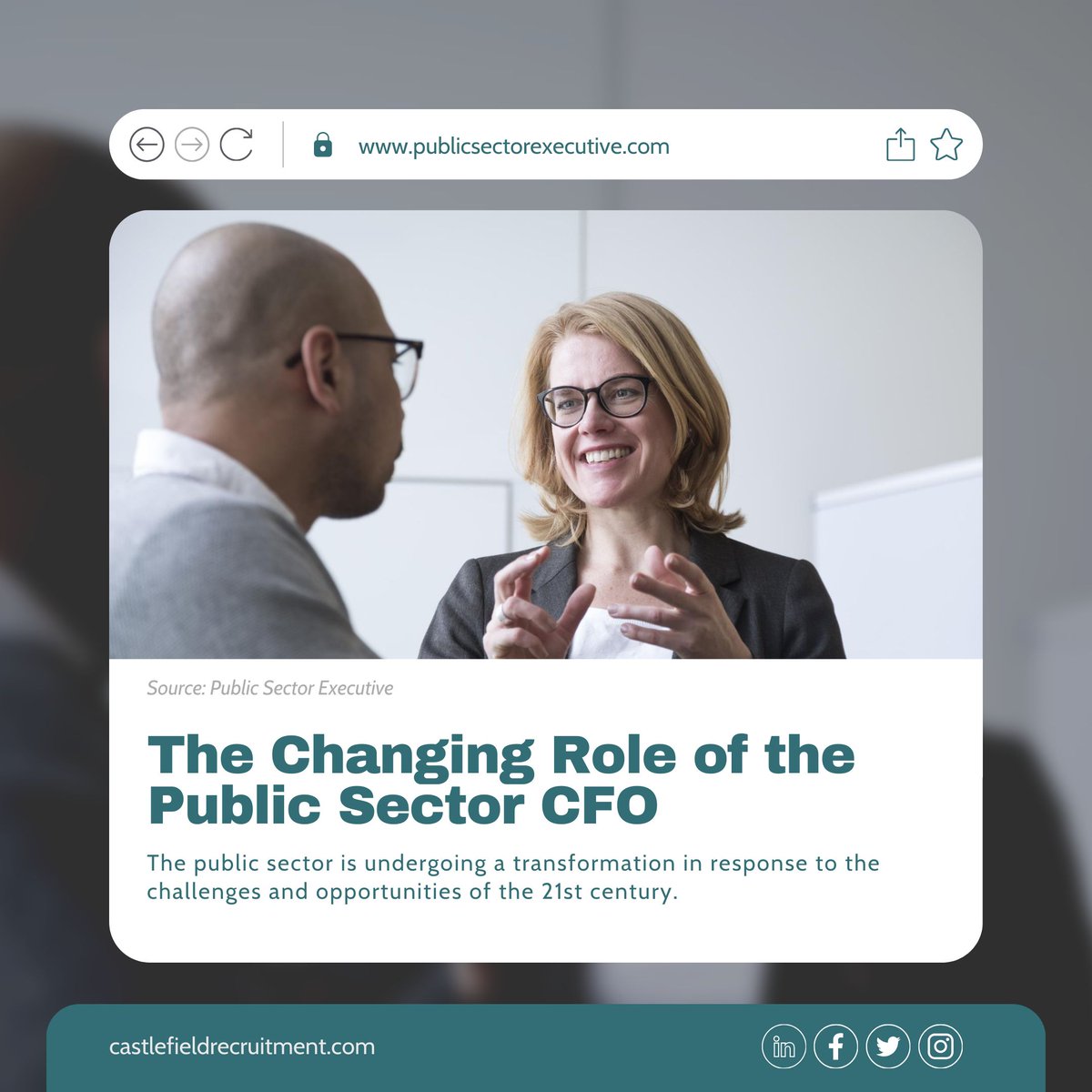 CastlefieldRec1's tweet photo. This interesting article from Public Sector Executive delves into the shifting role of CFOs, addressing challenges like social unrest, climate change, and digital disruption.
To read further, visit https://t.co/oh3fuCKJtv
#PublicSector #CFOEvolution #DigitalTransformation https://t.co/udD0oyNonZ