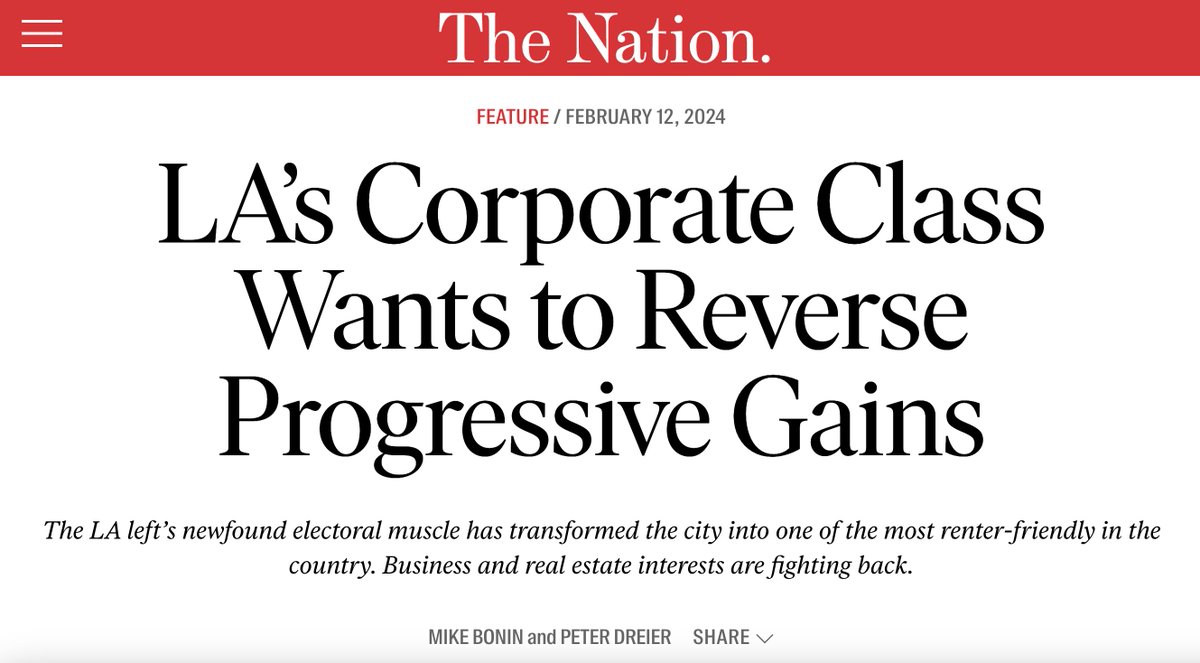 L.A. progressives are scoring major victories  – and the ruling class is furious. They're spending a ton of money to try to unseat <a href="/nithyavraman/">Nithya Raman</a>, weaken progressives, and tighten their grip on L.A. politics.

<a href="/PeterDreier/">Peter Dreier</a> and I cover it in <a href="/thenation/">The Nation</a>. 🧵

tinyurl.com/ynw8eyru