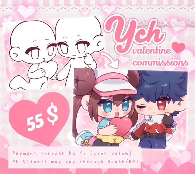 (RT's appreciated )Opening slots for Valentine YCH commissions! Payment will be done through Ko-fi (I also accept Gcash/BPI payments for PH residents)Ko-fi   &amp; details are stated on kofi! Feel free to DM me about any inquiries~ 