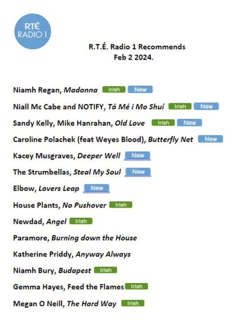 On the @RTERadio1 playlist this week:

✨ 'Madonna' the new single from @niamhreganmusic 

✨ ' No Pushover' from @HousePlantsIE (@paulisanoonan and @daithimusic)

✨ 'The Hard Way' from @meganoneill 

👂rte.ie/radio/radio1/r…