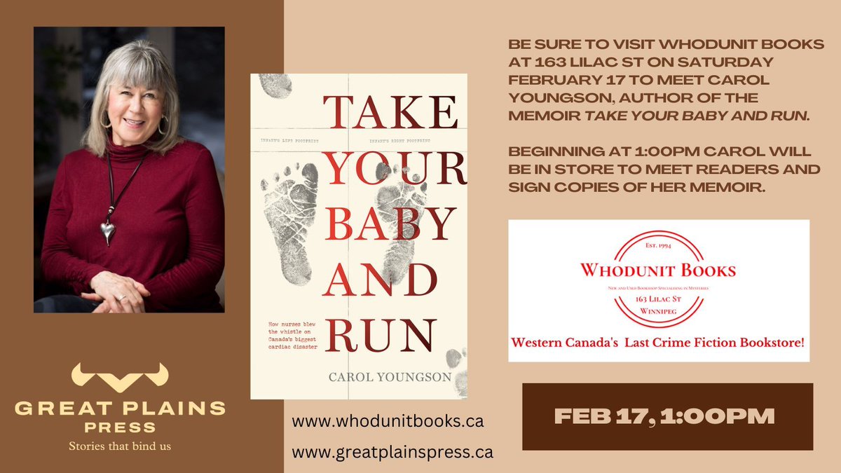 GreatPlainsPub's tweet photo. Visit Whodunit Books at 163 lilac st on Sat Feb 17 to meet Carol Youngson, author of Take Your Baby and Run.
Beginning at 1:00pm carol will be in store to meet readers and sign copies of her memoir.
https://t.co/06OtLfGUhR
#takeyourbabyandrun #memoirs  #nursing #booksbynurses https://t.co/X0kKLIKtsF
