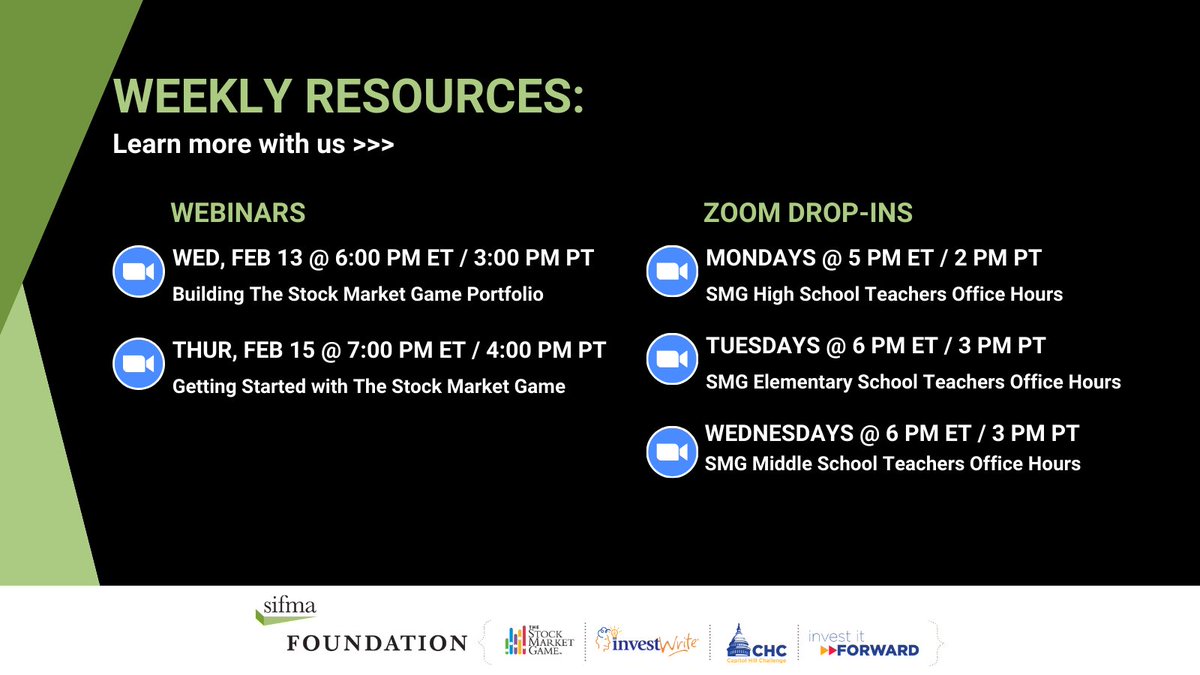 Just getting started with #StockMarketGame program? No problem! This week's resources are for you! #financialeducation Click the event on our Google Cal to register: bit.ly/3kJe14K