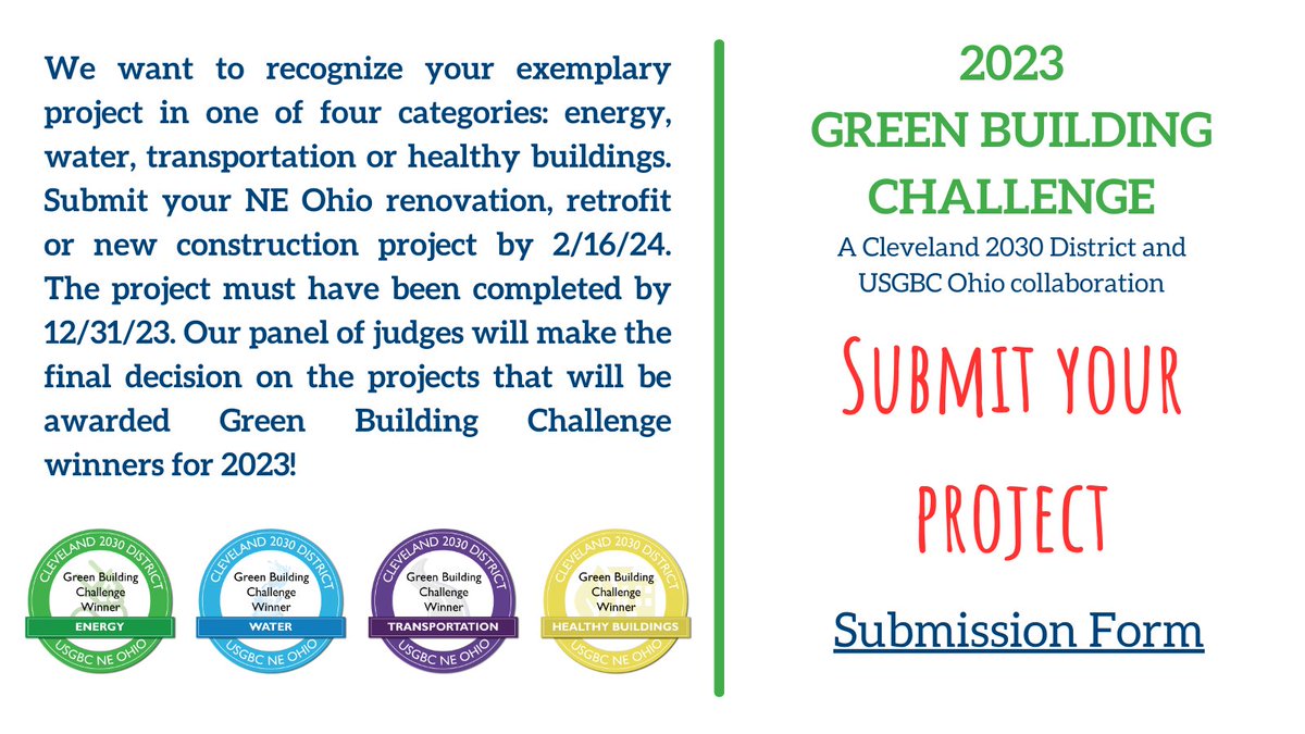 We want to recognize great projects in NE OH through our Green Building Challenge. Submit your project that saved energy in your building, saved water, reduced transportation emissions or created a healthy building. Learn more: 2030districts.org/cleveland/clev…