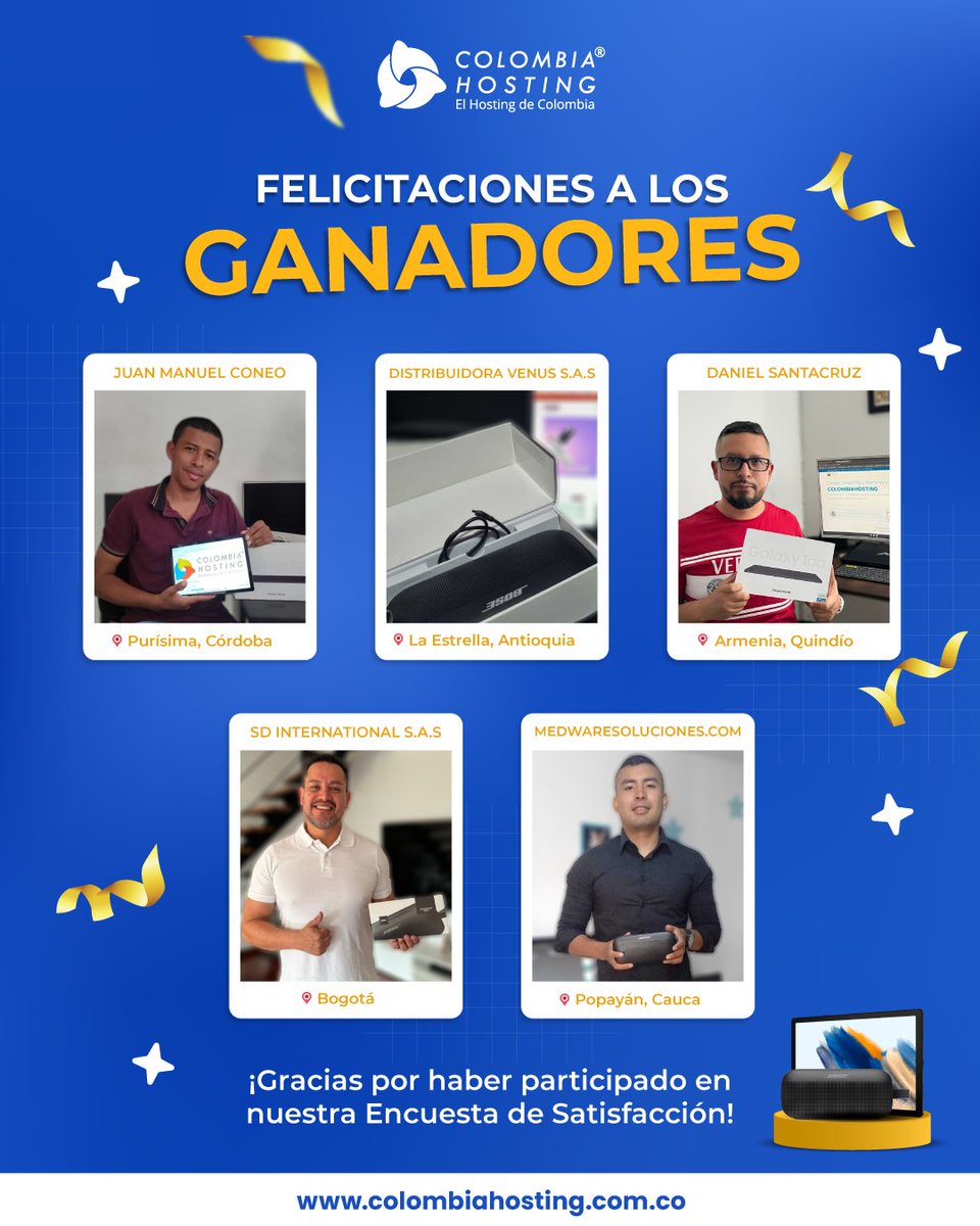 🎉 ¡Celebramos a nuestros 5 increíbles ganadores 🌟 Gracias a todos los que se tomaron el tiempo para compartir sus opiniones y completar nuestra encuesta de satisfacción, ¡ustedes son la razón por la que seguimos creciendo y mejorando cada día! 🙌✨