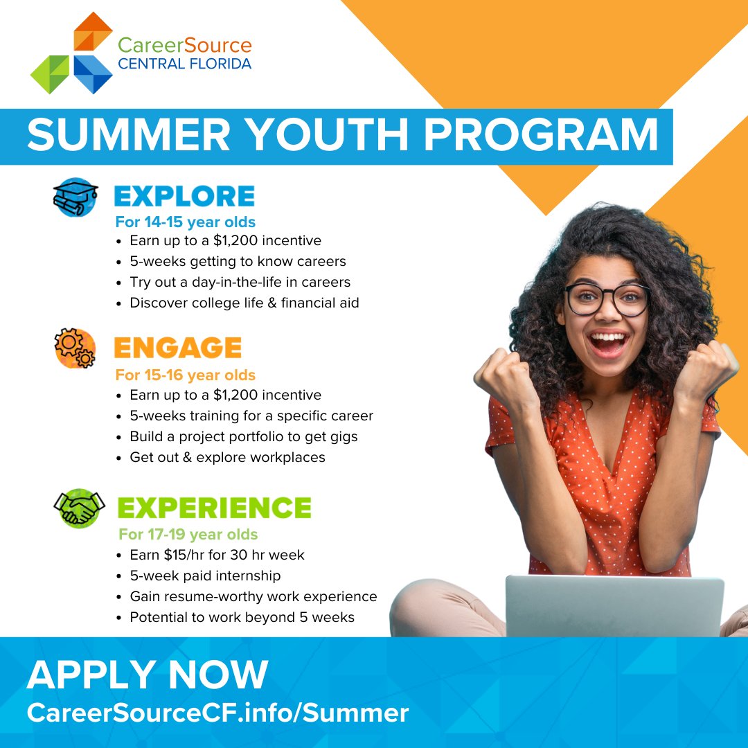 CareerSourceCF's tweet image. 🌞☀️ Our Summer Youth Program is back &amp;amp; better than ever! 🎉 Guess what? 14-year-olds can apply this year.

Parents, don't let your high schoolers miss out. Apply at bit.ly/48d5RYT. 😎 

#HighSchoolStudents #Teenagers #Teens #YoungAdults #Jobs #College #Careers #Training