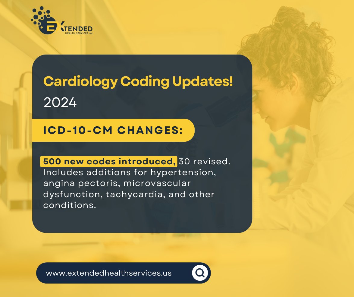 HealthExtended's tweet image. Explore the latest in healthcare coding with the ICD-10-CM 2024 updates! 
Discover 500 new codes and 30 revisions, including advancements in hypertension, angina pectoris, microvascular dysfunction, tachycardia, and beyond.