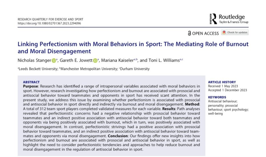 MKaiseler's tweet photo. 🆕️ Linking Perfectionism with Moral Behaviors in Sport: The Mediating Role of Burnout and Moral Disengagement.
❇️ Applied implications for practice.
#antisocialbehavior #prosocialbehavior #perfectionism #personality #wellbeing #sportpsychology

Paper ⬇️
https://t.co/2Z9FIqzMF2 https://t.co/ydEpPsHQTq