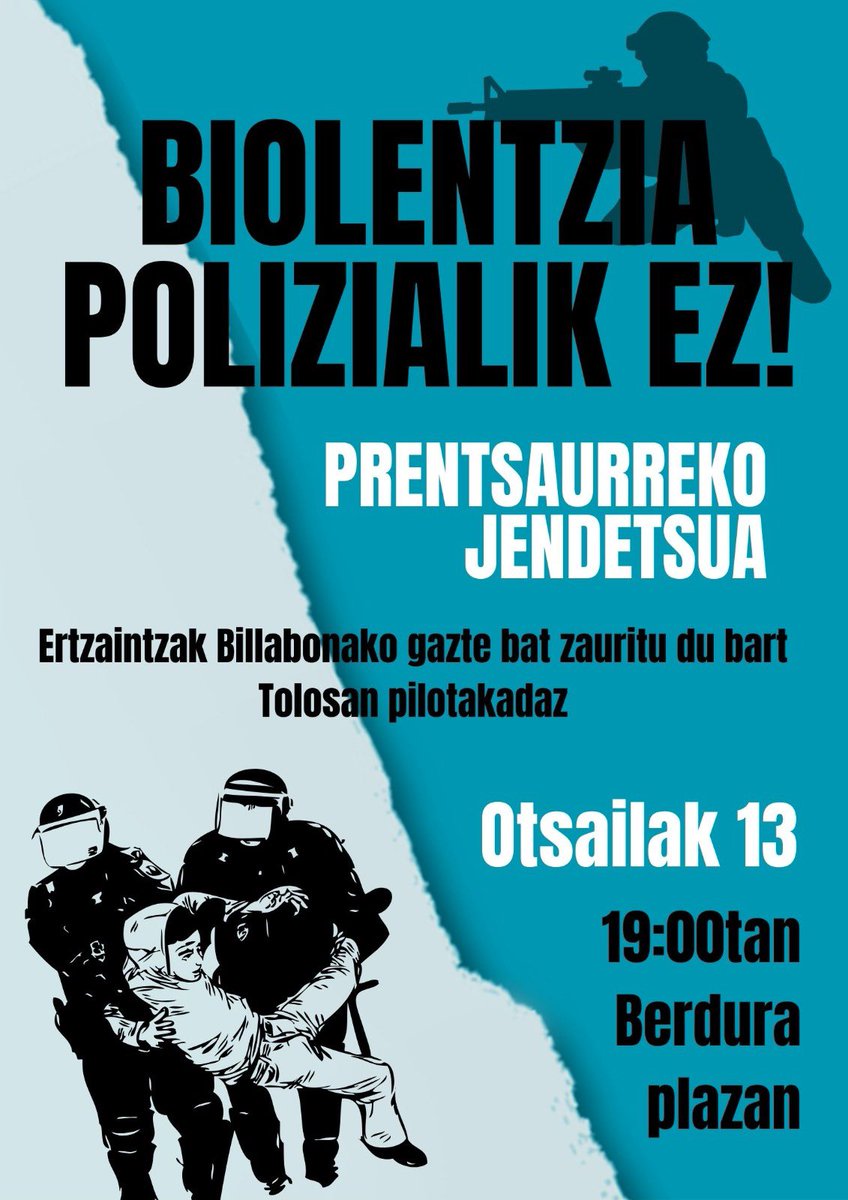 ⚠️ ERTZAINTZAK BILLABONAKO GAZTE BAT ZAURITU DU BART TOLOSAN PELOTAKADAZ

📍 PRENTSAURREKO JENDETSUA. Otsailak 13 (asteartea), 19:00tan Billabonako Berdura plazan.

✊🏽 Biolentzia polizialik ez! Babes eta elkartasun osoa zaurituarentzat!