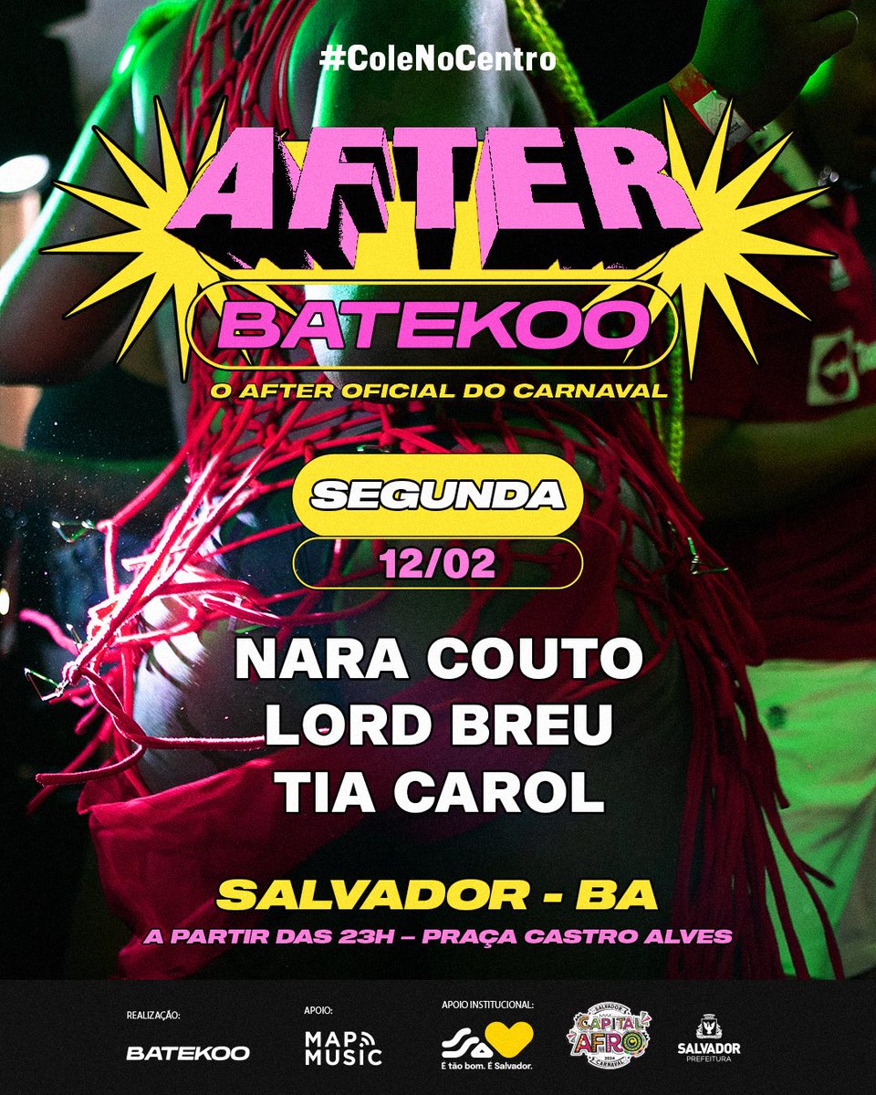 BATEKOO | 12/02 | AFTER CARNAVAL | PRAÇA CASTRO ALVES | 23H | SALVADOR/BA |🌐🔱🌊🌞

HOJE É DIA DE AGONIAAA! Nos acessos da Praça Castro Alves, às 23h.

Lord Breu
@_tiacarol_ 
@NaraCouto5 

PERFORMANCES: @cristianemasca , Gêmeas (Larissa & Luana)
MC: @bondedajujuzl 

VEMTODOMUNDO