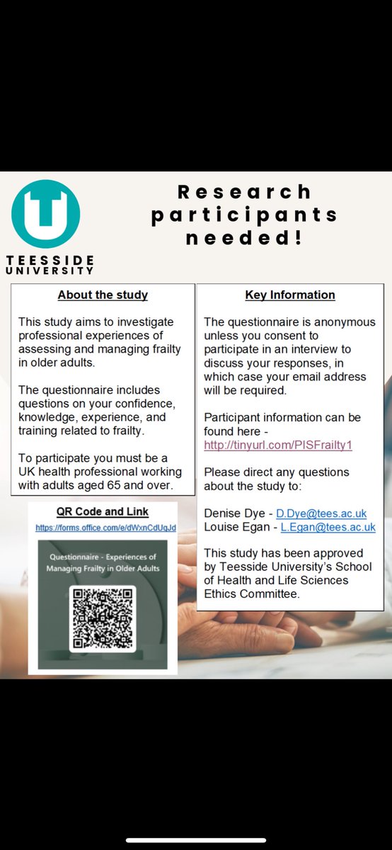 📢 Calling all healthcare professionals working with older adults! 🌟 Share your valuable insights on the assessment and management of #Frailty in clinical practice here forms.office.com/e/dWxnCdUgJd. Let's make a difference together! 📚OlderPeople #HealthcareResearch #ResearchStud
