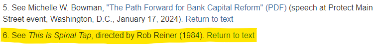 From Federal Reserve Governor Michelle Bowman's speech today on Community Banking- Is this the first time Spinal Tap gets footnoted in a Federal Reserve communication, and when will A Mighty Wind make its way into a speech?