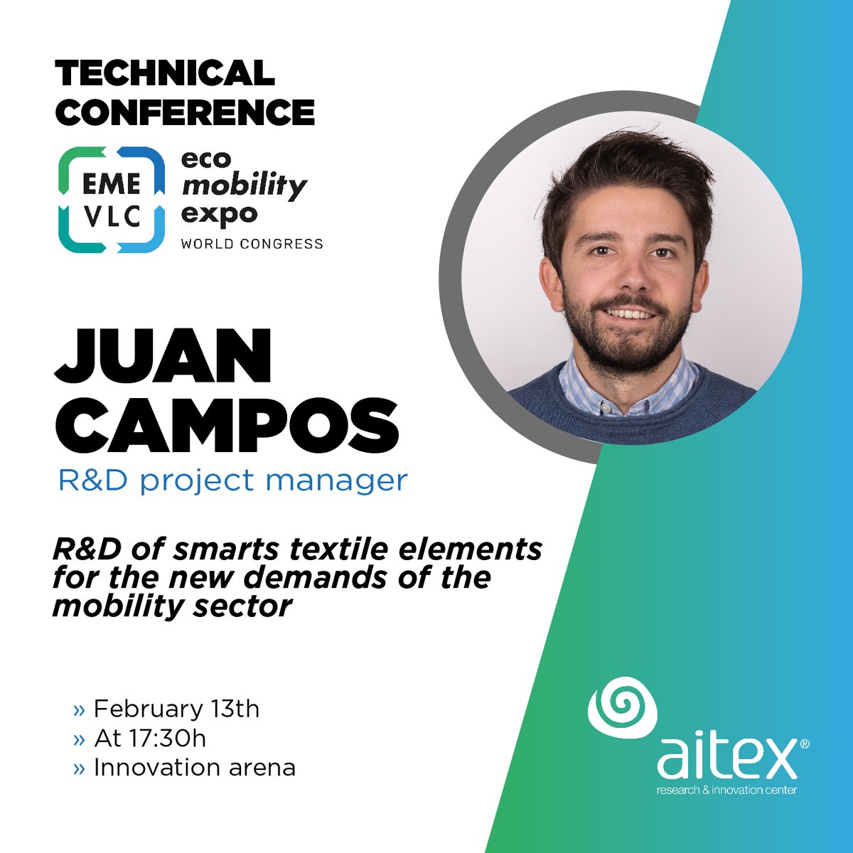 aitex_es's tweet photo. 🔊 #AITEX asiste a @eme_vlc que se celebra del 13 al 15 de febrero en #Valencia.
💡 Juan Campos, director de proyectos I+D, dará una conferencia en 'Innovation area' mañana a las 17:30h: "R&D of smart textiles elements for the new demands on the mobility sector".
#reditMobility https://t.co/OxTXx9p1nY