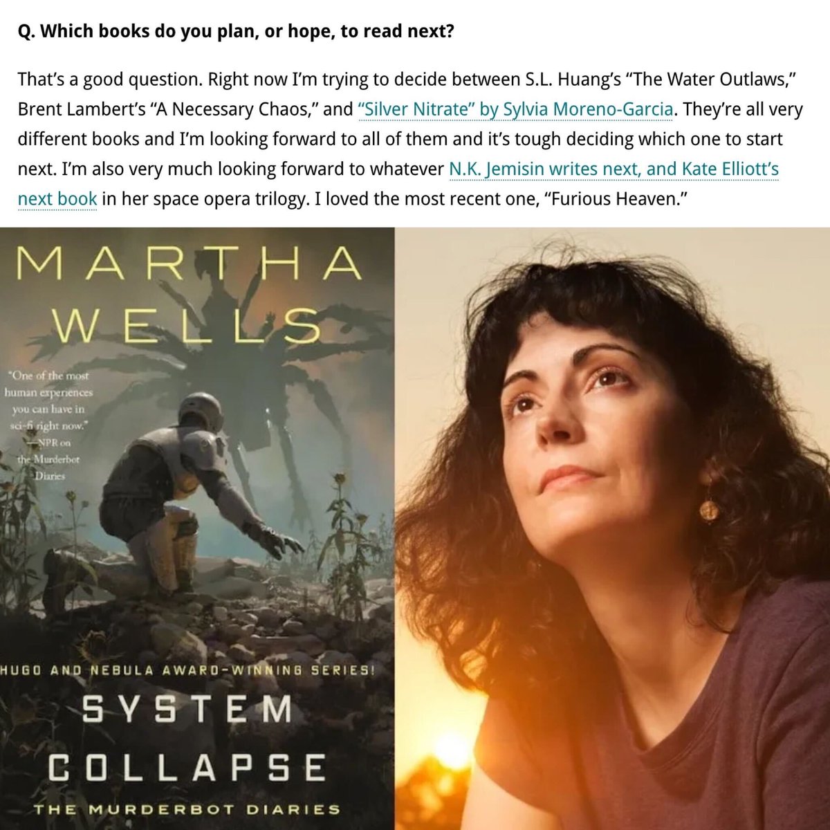 An amazing way to kick off the week is by taking in the idea that the MARTHA WELLS is trying to decide if my book is something she wants to read next!! 😍😍😍