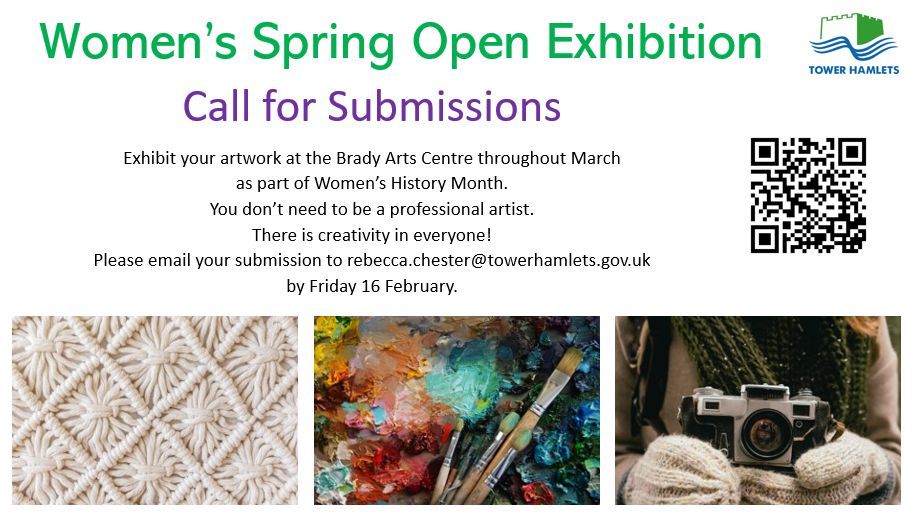 Submissions are now open for @thevents's Women's Spring Open Exhibition! This is an open call for work from women of all ages who live, work or study in Tower Hamlets. 🗓️ Deadline: Friday 16th February 👉 Find out more here: buff.ly/4bD1xoW