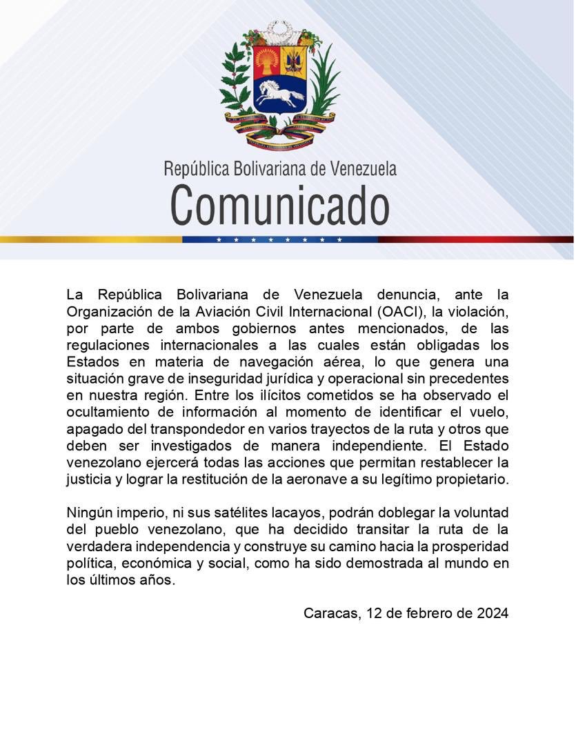 #Comunicado | La República Bolivariana de Venezuela rechaza de manera categórica, el robo descarado de la aeronave Boeing 747-300, siglas YV3531, perteneciente a la Empresa de Transporte Aerocargos del Sur (EMTRASUR S.A.)
