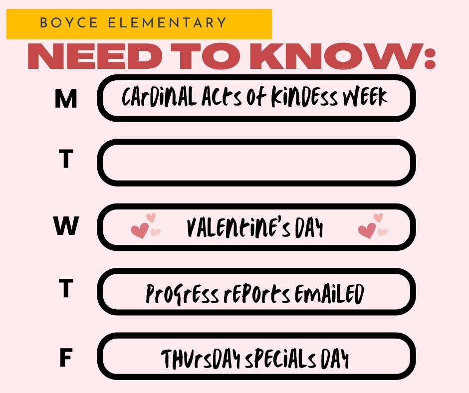 Here's the week at a glance for Boyce: