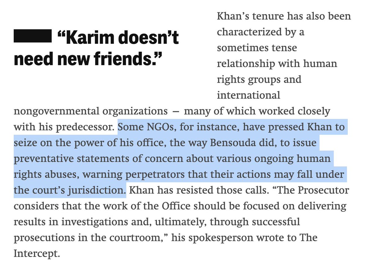 Interesting development from ICC Prosecutor Karim Khan, who (as @alicesperi pointed out in her excellent @theintercept profile) has mostly resisted issuing preventative statements like this up until now theintercept.com/2023/05/04/int…