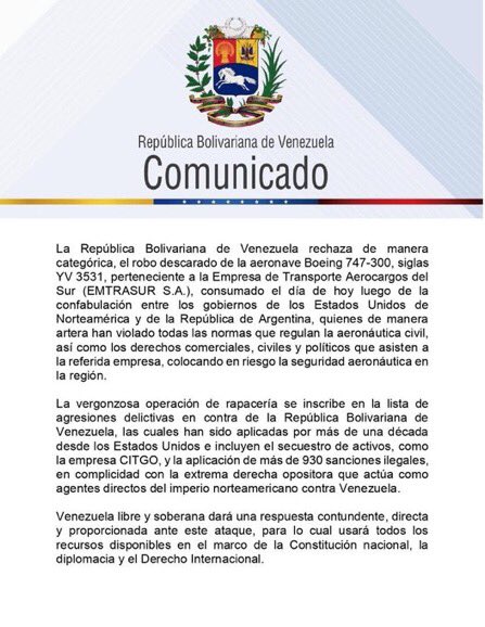 StellaMarinaLu2's tweet photo. #COMUNICADO La República Bolivariana de Venezuela rechaza de manera categórica, el robo descarado de la aeronave Boeing 747-300, siglas YV 3531, perteneciente a la Empresa de Transporte Aerocargos del Sur (EMTRASUR S.A.). https://t.co/FhcPisS1we