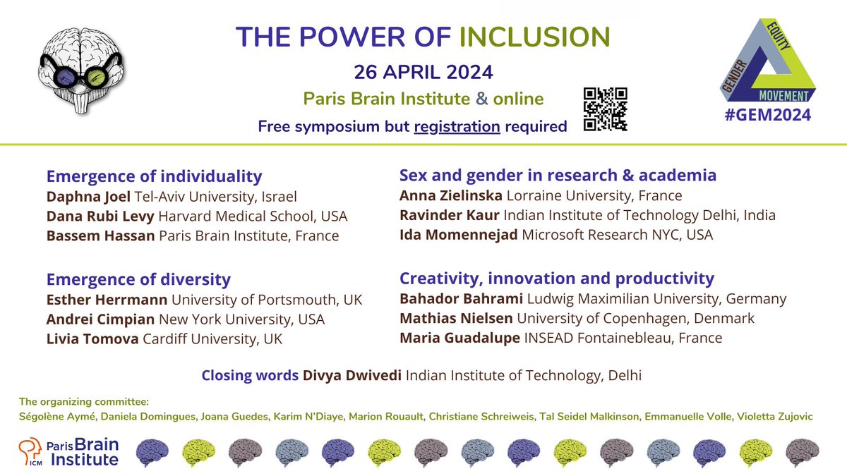 "The power of inclusion" <a href="/InstitutCerveau/">Institut du Cerveau - Paris Brain Institute</a> Gender Equity Movement Symposium!
Free (online &amp; onsite) but registration mandatory!

International speakers
<a href="/DaphnaJoel/">Daphna Joel</a> 🇮🇱
<a href="/DanaRubiLevy/">Dana Rubi Levy</a> 🇺🇸
@EstherHerrmann2 🇬🇧
<a href="/livia_tomova/">Livia Tomova</a>🇬🇧
<a href="/Ravinder_IITD/">Ravinder Kaur</a> 🇮🇳
<a href="/_MathiasLN/">Mathias L. Nielsen</a> 🇩🇰
<a href="/Divya__Dwivedi/">Divya Dwivedi</a> 🇮🇳
and more!