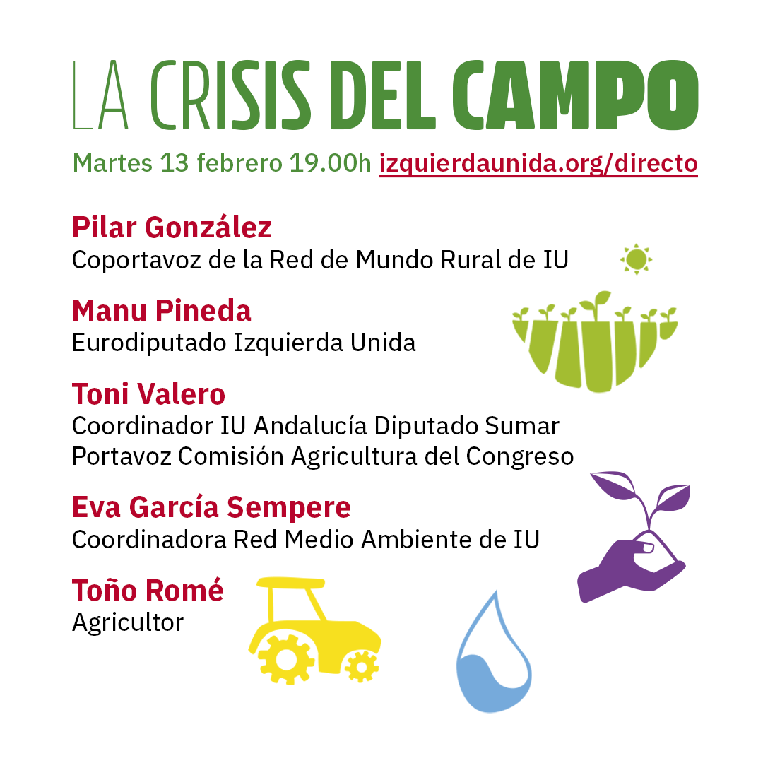 La crisis del campo.

🌾 Mañana a las 19h. hablamos sobre agricultura y ganadería, sostenibilidad, ecología, legislación y derechos laborales con compañeras de Izquierda Unida.

No te lo pierdas 👉 izquierdaunida.org/directo