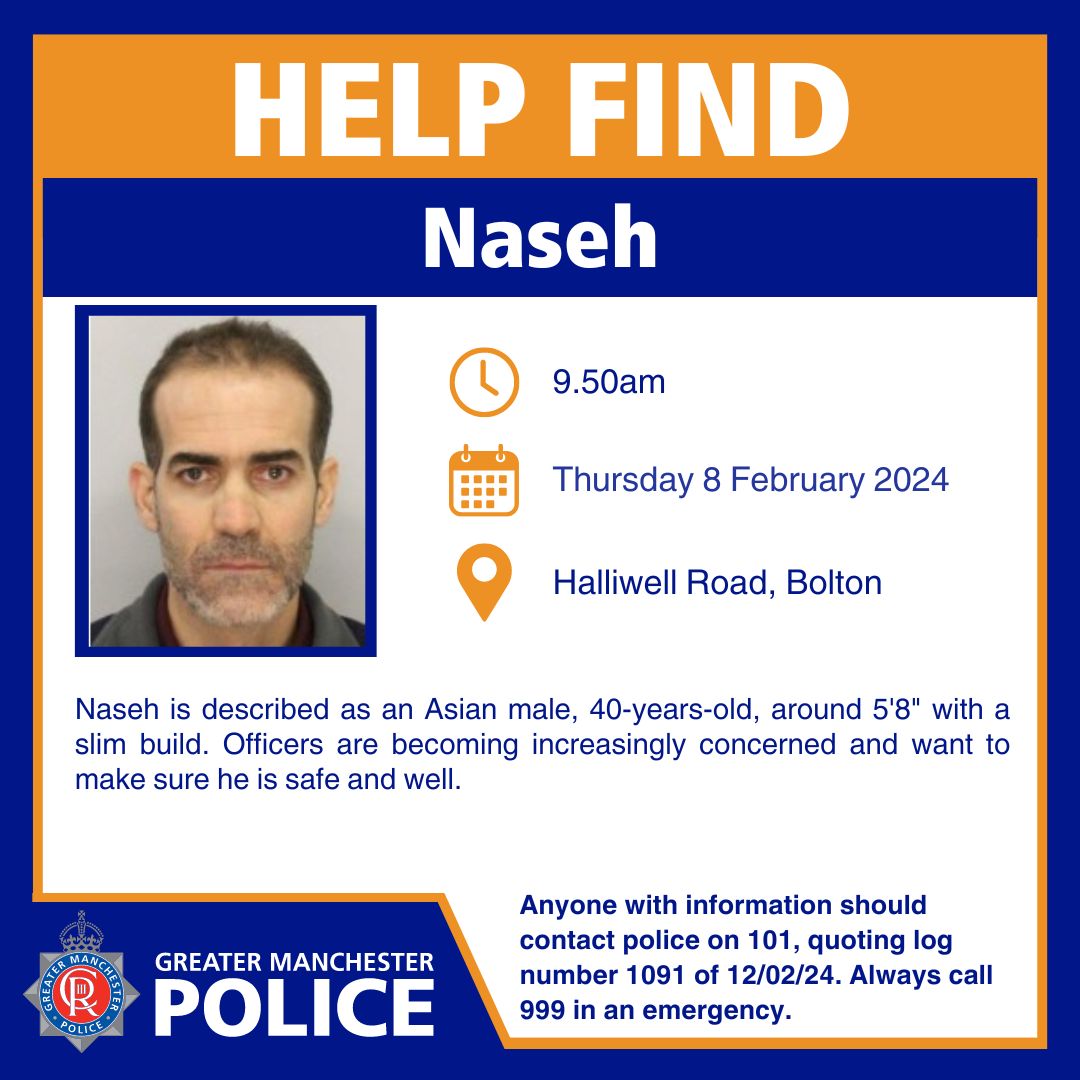 #MISSING | Can you help police find missing Naseh? Officers are becoming increasingly concerned for his wellbeing. If you have any information, please call 101, quoting log number 1091 of 12-02-24.