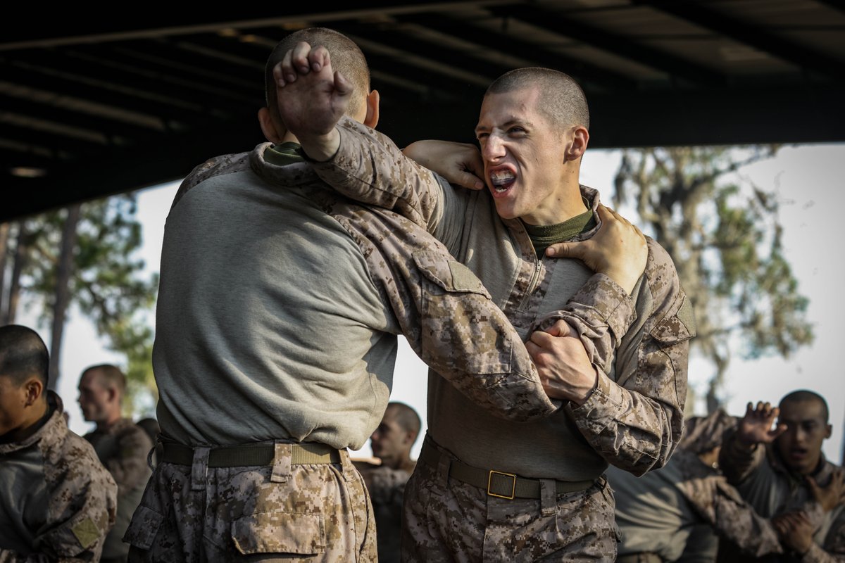 #MarineCorps recruits with Kilo Company, 3rd Recruit Training Battalion, execute Marine Corps Martial Arts Program (MCMAP) techniques on @MCRDPI, Jan. 31.

During recruit training, recruits master basic assault and defense techniques to earn their tan belt through MCMAP.

#USMC