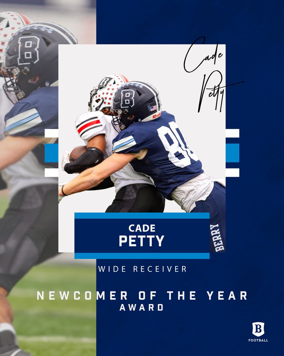 Congratulations Cade Petty, on winning this year’s Newcomer of the Year Award!🔵⚪️

#BerryFootball #BUILD #KeepClimbing #d3fb #TeamAwards