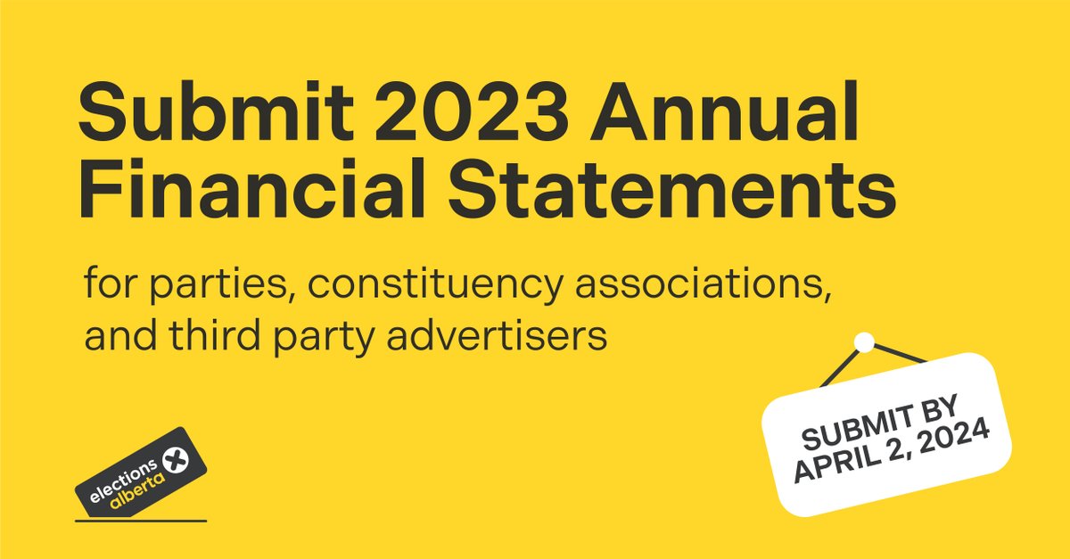 Elections Alberta has enabled the online financial system for parties, constituency associations, and third party advertisers to submit their 2023 Annual Financial Statements. The due date for submissions is April 2, 2024.