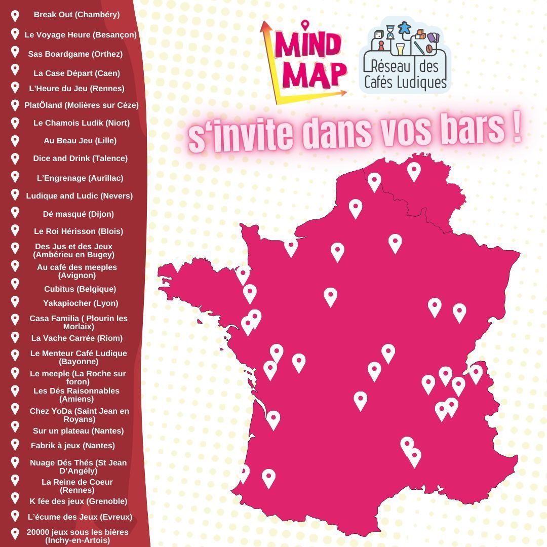 Mind Map partout en France !
Grâce au Réseau des Cafés Ludiques, découvrez notre prochain jeu de déduction en avant-première dans l'un des 30 cafés/bars à jeux partenaires. 

Pour en savoir plus, prenez contact directement avec eux !

<a href="/CafesLudiques/">Réseau des cafés ludiques</a> #mindmap
