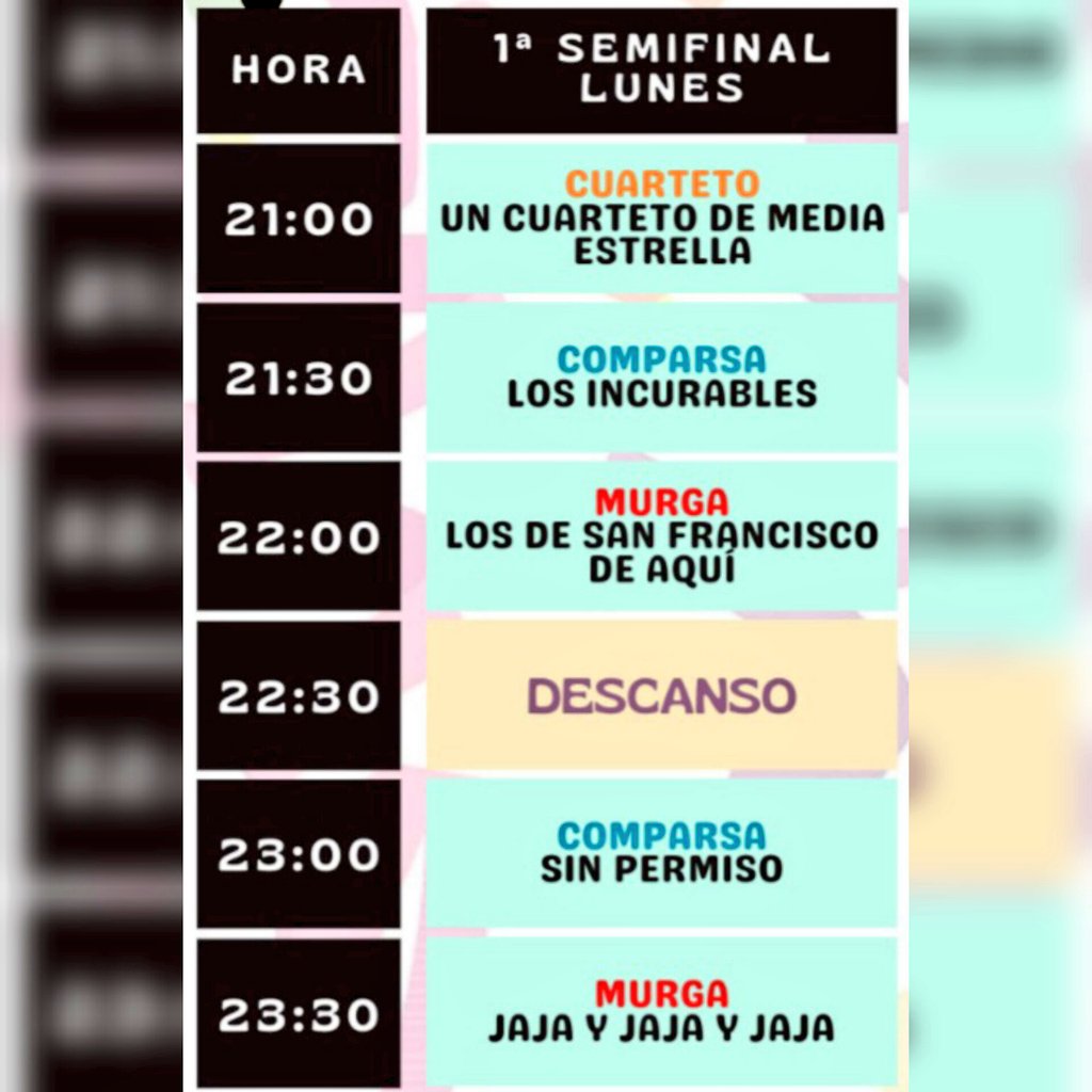 🎭 PRIMERA SEMIFINAL 🎭
Lunes 12 a las 21:00 en el Teatro Antonio Gala.
1. <a href="/tusdoscoloretes/">TusDosColoretes _</a>
2. <a href="/ComparsaDeJuani/">LaComparsaDeJuaniDelPalo</a>
3. Los de San Francisco de aquí
4. <a href="/ComparsaMoma/">Comparsa Momas</a>
5. <a href="/LaMurgadelCAMM/">La murga del CAMM</a>
#Carnaval #AlhaurínElGrande #Málaga #Carnaval2024 #CarnavalMLG #coacALH