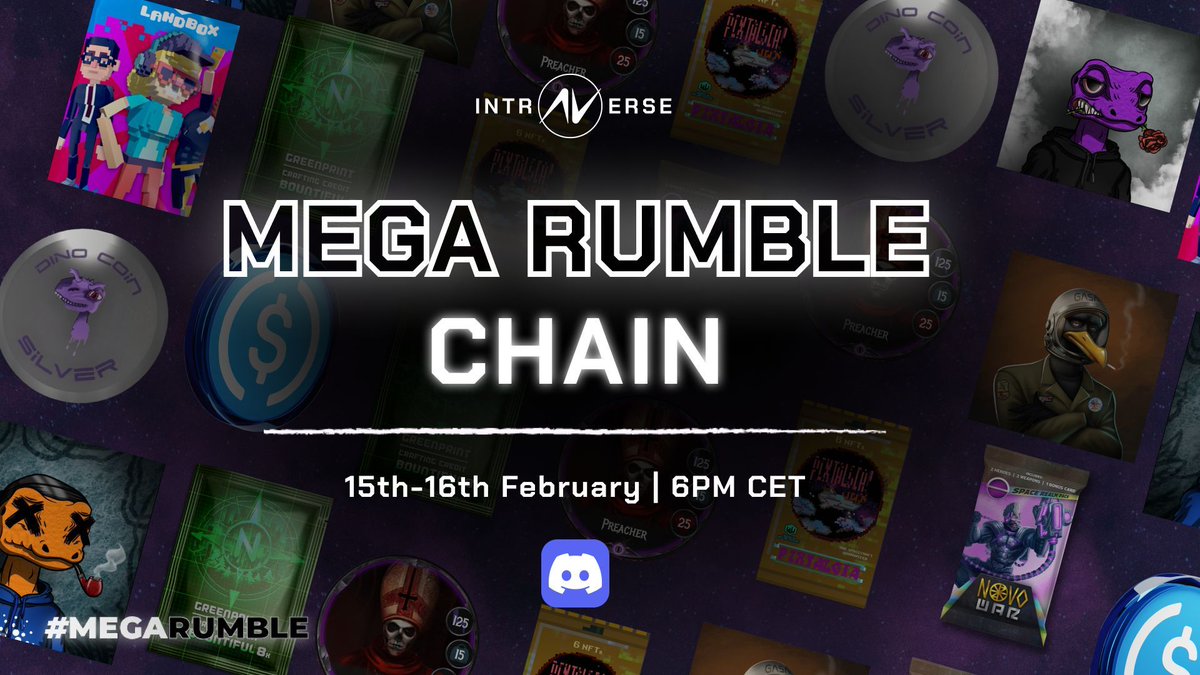 🎉 MEGA RUMBLE CHAIN 💸 WIN +400$ in NFTs 🗓️ 15th AND 16th February | 6PM CET A chain of rumble across multiple Discord servers will give you a chance to win exclusive NFTs! 👀 Drop a 🎁 if you will try your luck! 🔗 Join our Discord: buff.ly/49eT9KG #MegaRumble