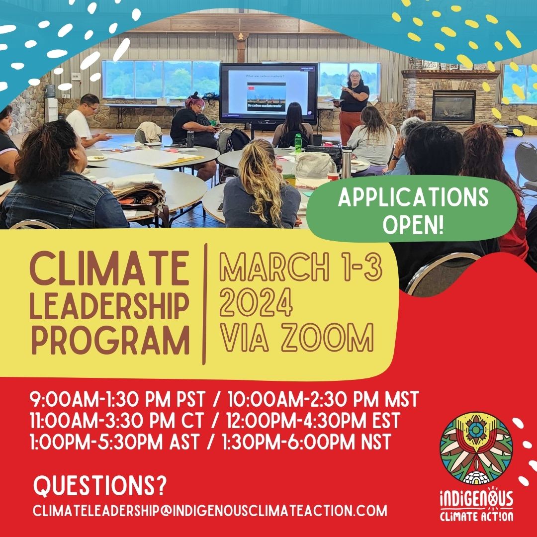 Sharing from Indigenous Climate Action

Register today at forms.gle/5fF25eqCMNaEja….

Questions? Reach out to our team at climateleadership@indigenousclimateaction.com!
#IndigenousClimateAction