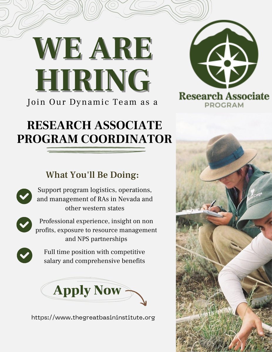 GBInstitute's tweet photo. If you have a background in natural resources, land management and policy, or conservation/fieldwork, you can be eligible for our Research Associate Program Coordinator position! Apply today 🤠  #GBI #Environmentalwork #conservation #lovewhereyouwork #applygbi#jobsinreno #hiring https://t.co/DEFtDVaZVw