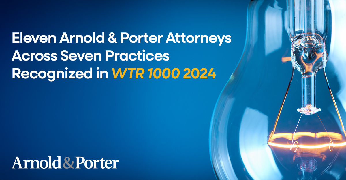 11 Arnold &amp; Porter attorneys across 7 practices were recognized in #WTR1000 2024. The annual research directory compiles "the top #trademark professionals in key jurisdictions around the globe."
 
Learn more about our inclusion ➡️ bit.ly/4bxBsHI 

<a href="/WTR_Alerts/">World Trademark Review</a>