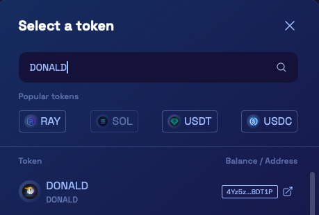 Greetings Patriots! 🦆🚀

$DONALD is now searchable on @RaydiumProtocol! 🇺🇸