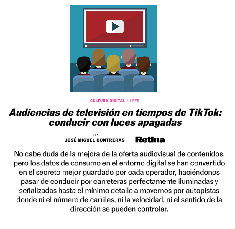 LuismiPedrero's tweet photo. Qué bien razona JM Contreras en @retinate la paradoja que supone la opacidad de métricas de TV en la era de abundancia de oferta: «La revalorización de datos de consumo en el entorno digital los convierte en el secreto mejor guardado por cada operador»

🔗 https://t.co/beIiaJ41cj https://t.co/zuPIzD9ycd