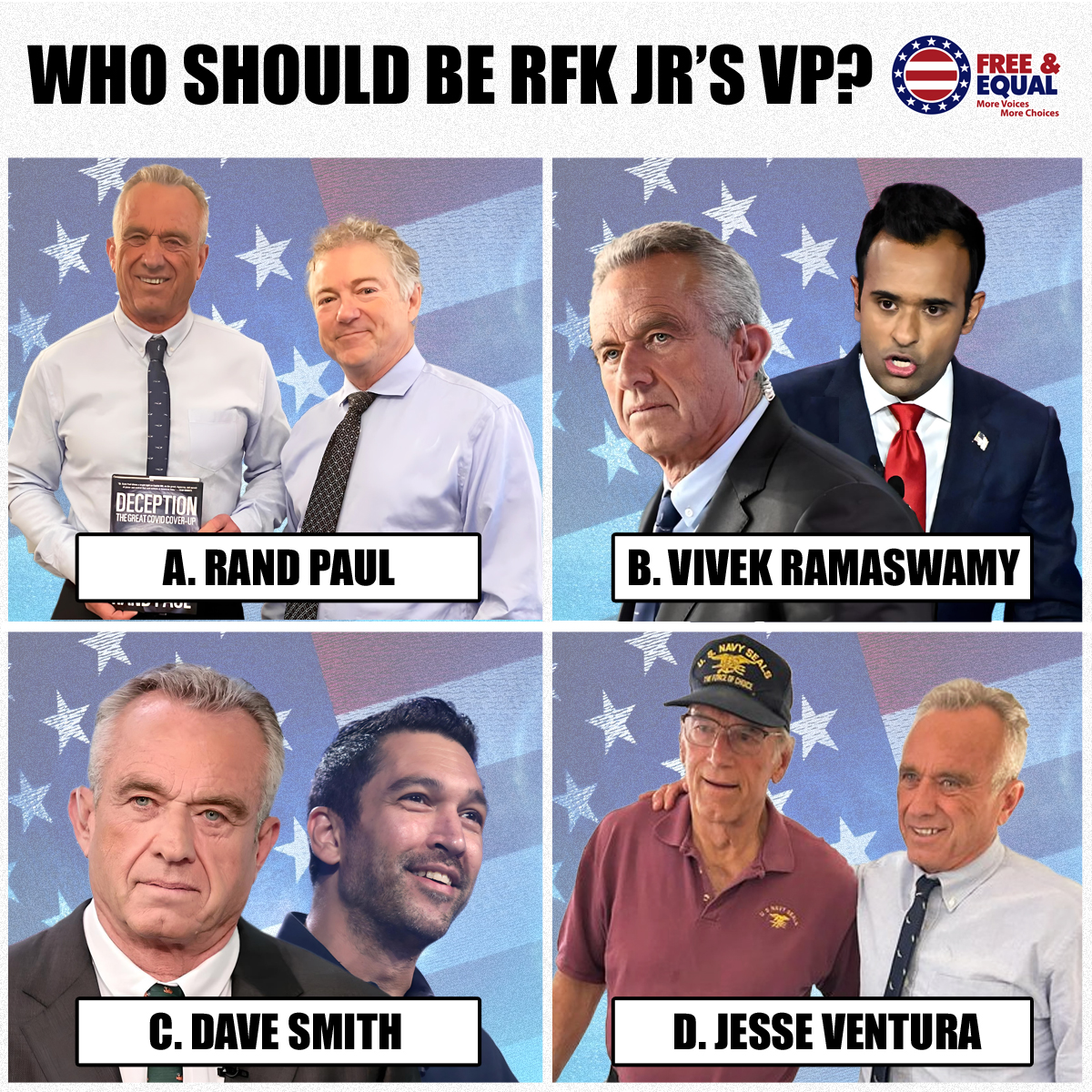 FreeandEqual's tweet photo. Who do YOU think should be Robert F. Kennedy's nomination for a Vice President running mate? ๐ค (Feel free to include your own VP choice) ๐ณ
Donate: https://t.co/RHlCTHYw0S
#ElectionFreedom #FreeAndEqual #RobertFKennedyJr #VicePresidency https://t.co/1JAy8h7JoV