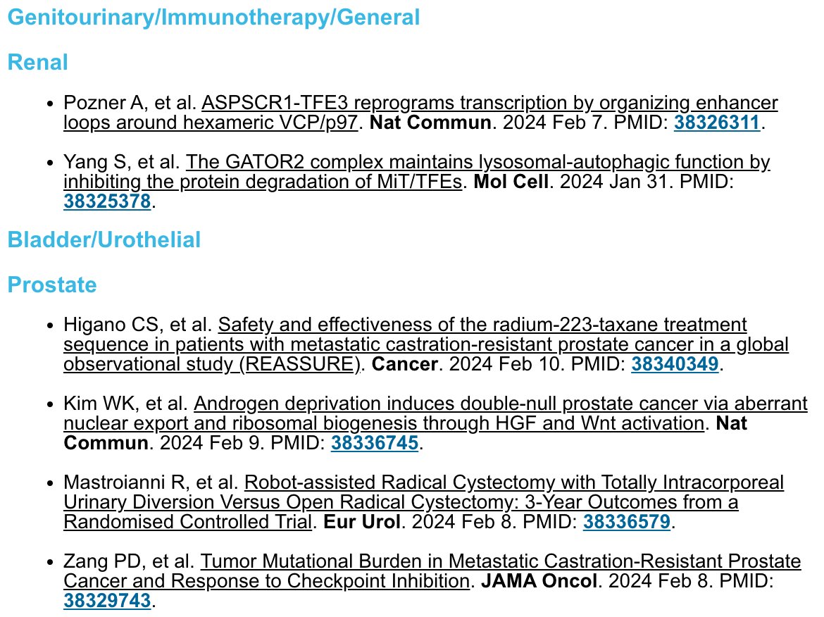 GU Research Digest for the week of February 3 - 9: a selection of publications about GU cancers in high-impact journals. Search the PMIDs on pubmed.ncbi.nlm.nih.gov to read!