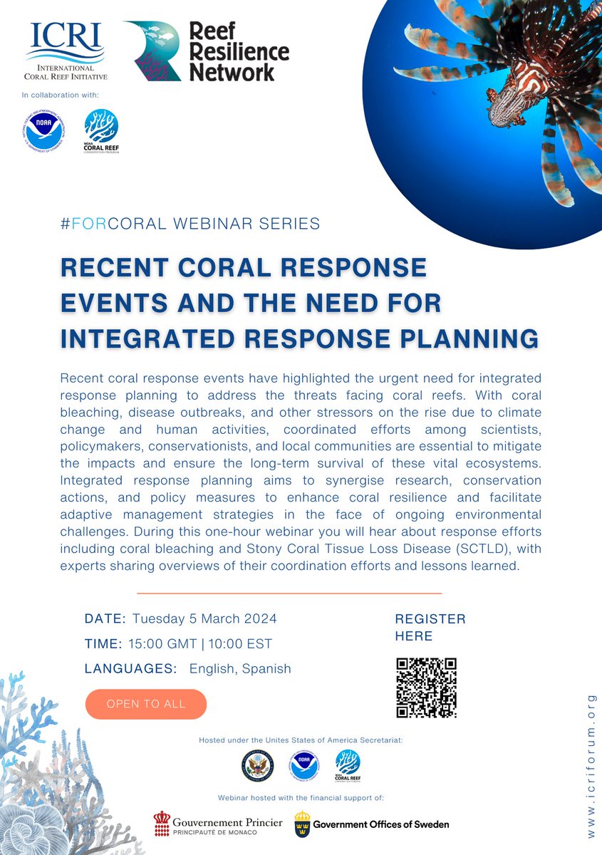 📢REGISTRATION NOW OPEN📢 🪸ICRI and @ReefResilience are pleased to announce the release of the first #ForCoral Webinar in collaboration with @NOAACoral 📅 5th March 2024 (10:00 EST | 15:00 GMT) Register here: icriforum.org/events/icri-we…