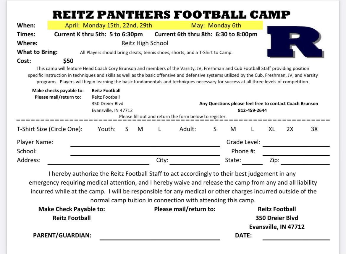 FJReitzFootball's tweet photo. SPRING CAMP 2024 🗣 Reitz Football invites anyone in K-8th grade to join us for fundamentals, technique instruction, and fun drills led by our coaching staff and players. Let’s continue to get better together! #ReitzFootball #PantherPride🐾🏈

Camp Form: https://t.co/xxGGqzXm5f https://t.co/E1DirMJcZB