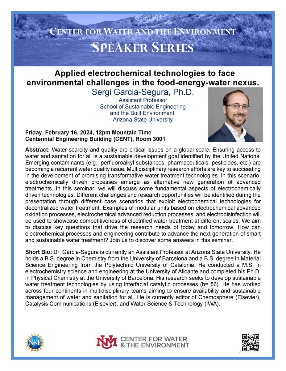Honored to host Professor Sergi Garcia-Segura <a href="/ASUEngineering/">ASU Ira A. Fulton Schools of Engineering</a> on Friday, Feb. 16, 2024 for the <a href="/unmcwe/">UNM Center for Water and the Environment</a> UNM Center for Water and the Environment Speaker Series. Thanks Anjali Mulchandani for your leadership with this visit and our Director <a href="/AndrewSchuler88/">Andrew Schuler</a> for the support!